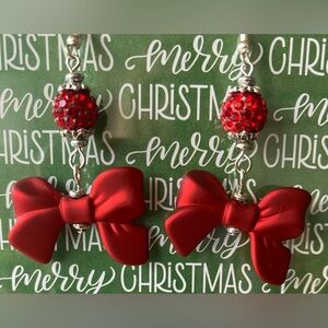Elegant Red Bow and Sparkling Rhinestone Earrings